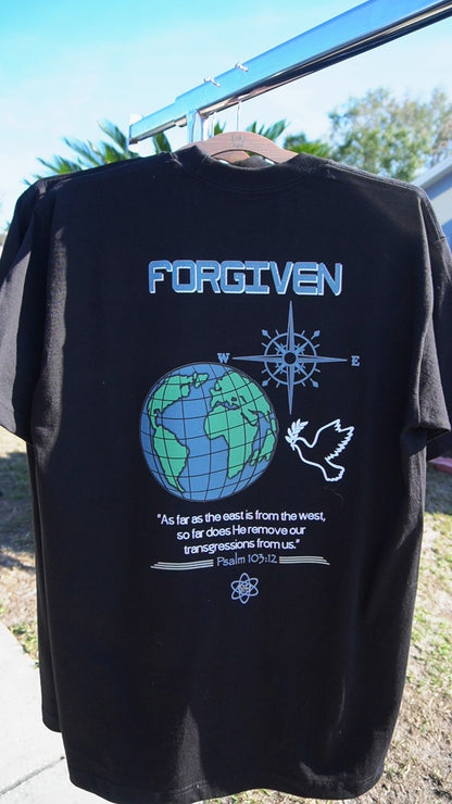 Forgiven graphic t-shirt has psalms bible verse, dove, globe, compass, you are forgiven, spread the love of Jesus, save the world, jesus saves, christian apparel church apparel